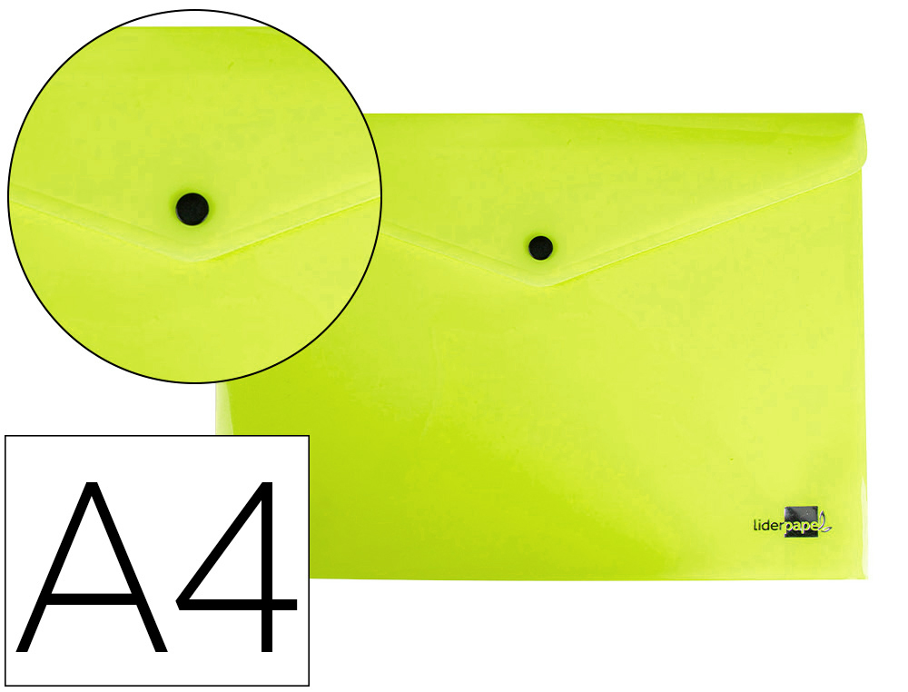 POCHETTE ENVELOPPE LIDERPAPEL POLYPROPYLENE 180 MICRONS A4  97X210MM 50F FERMETURE BOUTON JAUNE FLUO OPAQUE