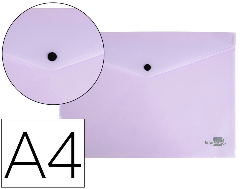 POCHETTE ENVELOPPE LIDERPAPEL POLYPROPYLENE 180 MICRONS A4  97X210MM 50F FERMETURE BOUTON LAVANDE OPAQUE
