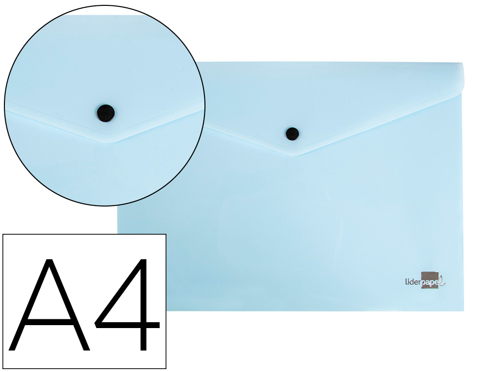 POCHETTE ENVELOPPE LIDERPAPEL POLYPROPYLENE 180 MICRONS A4  97X210MM 50F FERMETURE BOUTON BLEU CIEL OPAQUE