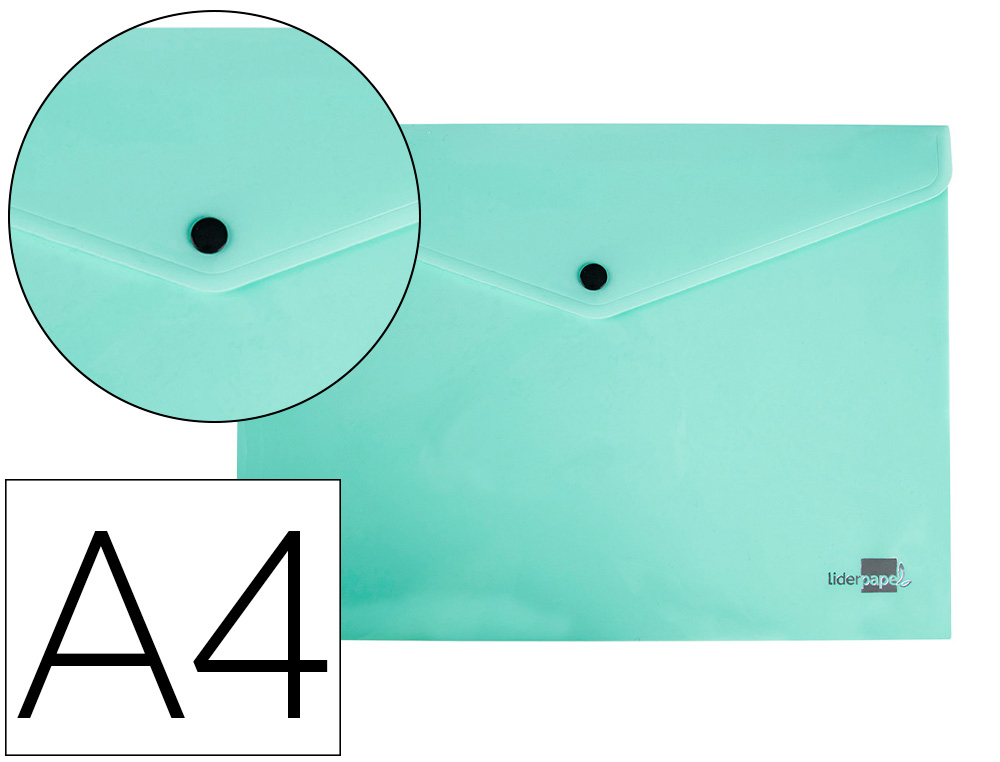 POCHETTE ENVELOPPE LIDERPAPEL POLYPROPYLENE 180 MICRONS A4  97X210MM 50F FERMETURE BOUTON VERT POMME OPAQUE