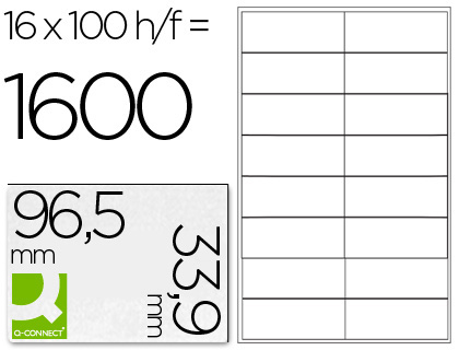 TIQUETTE ADHSIVE Q-CONNECT 96.5X33.9MM COINS DROITS IMPRIMANTE JET ENCRE LASER COPIEUR BOTE 100 FEUILLES 1600 UNITS