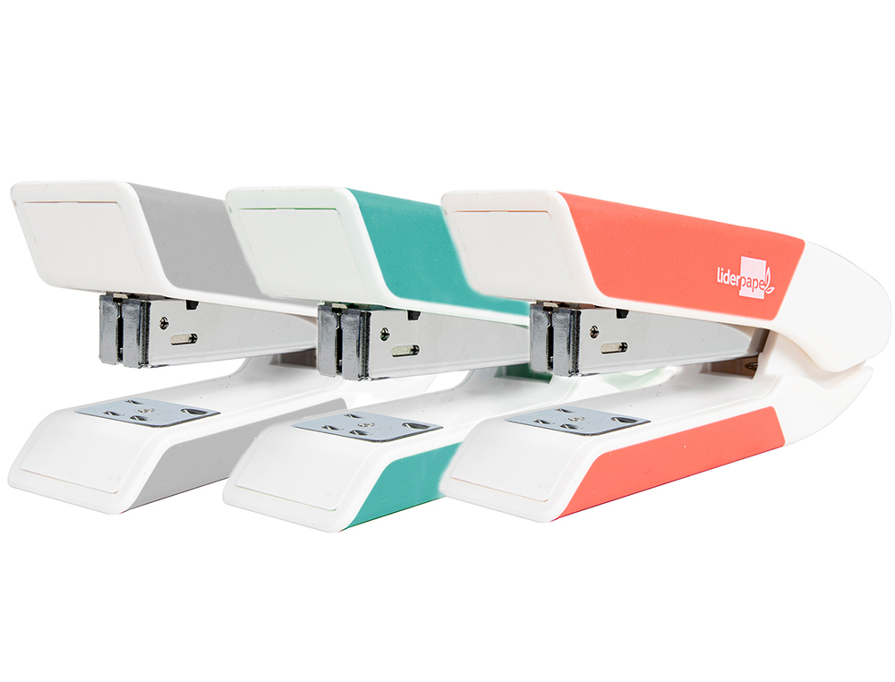AGRAFEUSE BUREAU LIDERPAPEL 40X63X130MM 20 FEUILLES AGRAFES 26/6 COLORIS ASSORTIS GRIS    CORAIL TURQUOISE
