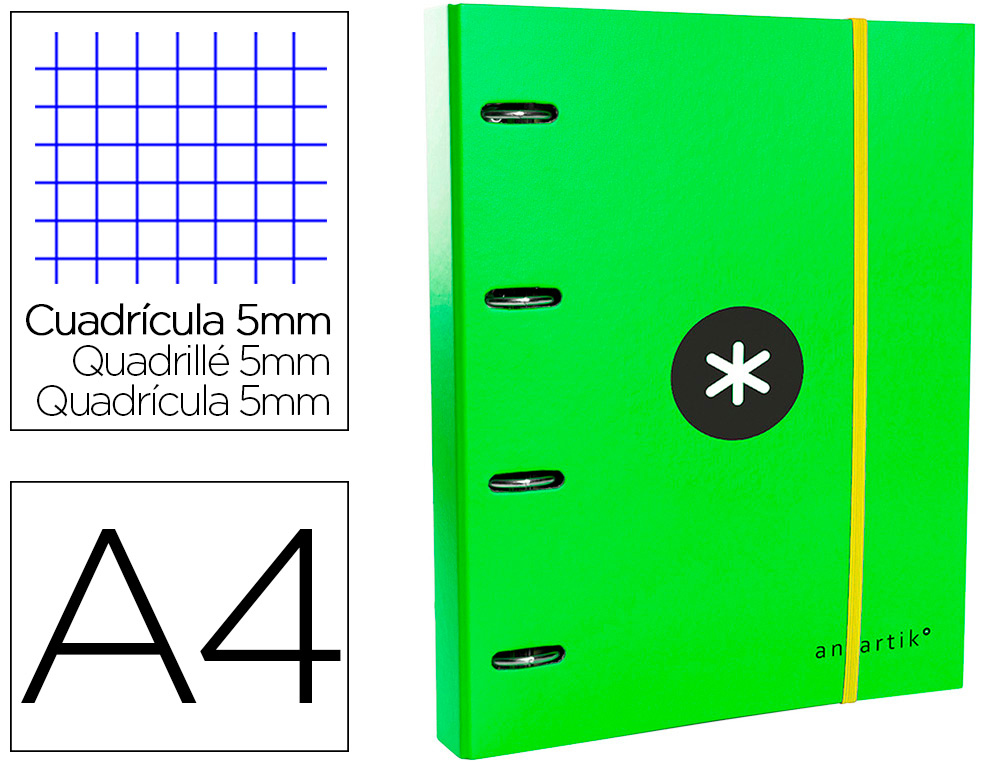 CLASSEUR ANTARTIK 4 ANNEAUX RONDS 40MM A4 CARTON REMBORDE FEUILLETS MOBILES QUADRILLAGE 5MM COLORIS VERT