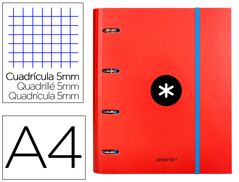 CLASSEUR ANTARTIK 4 ANNEAUX RONDS 40MM A4 CARTON REMBORDE FEUILLETS MOBILES QUADRILLAGE 5MM COLORIS ROUGE