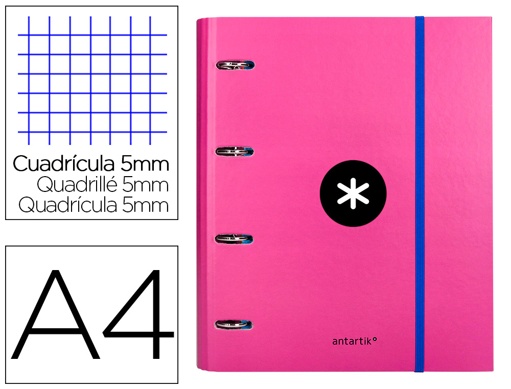 CLASSEUR ANTARTIK 4 ANNEAUX RONDS 40MM A4 CARTON REMBORDE FEUILLETS MOBILES QUADRILLAGE 5MM COLORIS ROSE