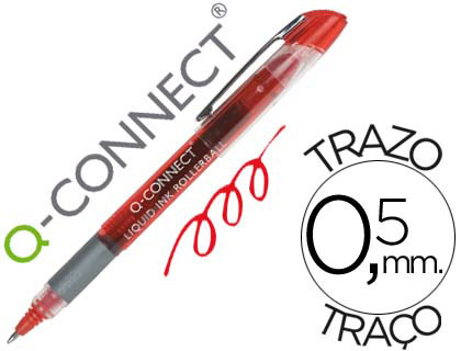 ROLLER Q-CONNECT CRITURE 0.5MM POINTE MOYENNE 0.7MM GRIP CAOUTCHOUC CORPS TRANSPARENT ENCRE LIQUIDE COULEUR ROUGE