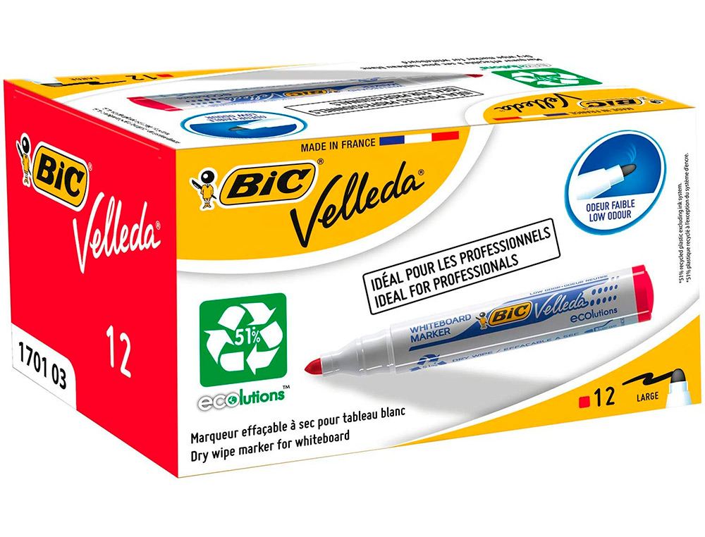 MARQUEUR BIC VELLEDA 1701 EFFAÇABLE POINTE OGIVE TRACÉ 1.5MM ENCRE BASE ALCOOL INODORE CORPS PLASTIQUE ROUGE
