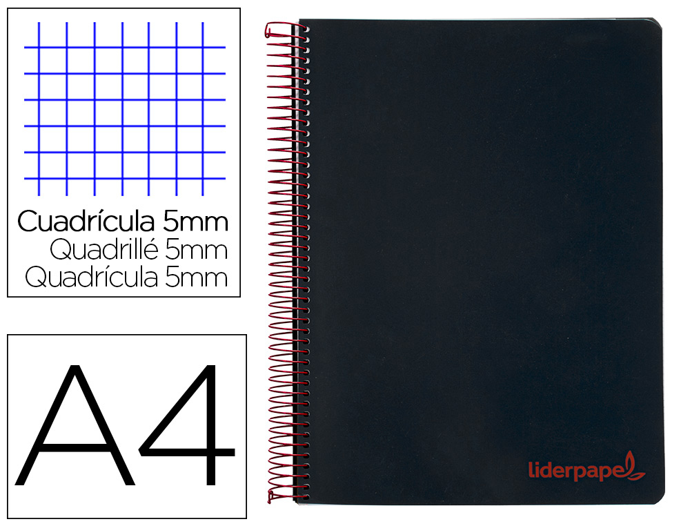 CAHIER SPIRALE LIDERPAPEL A4 MICRO WONDER 240 PAGES 90G    5X5MM 4 TROUS 5 BANDES        COULEURS NOIR