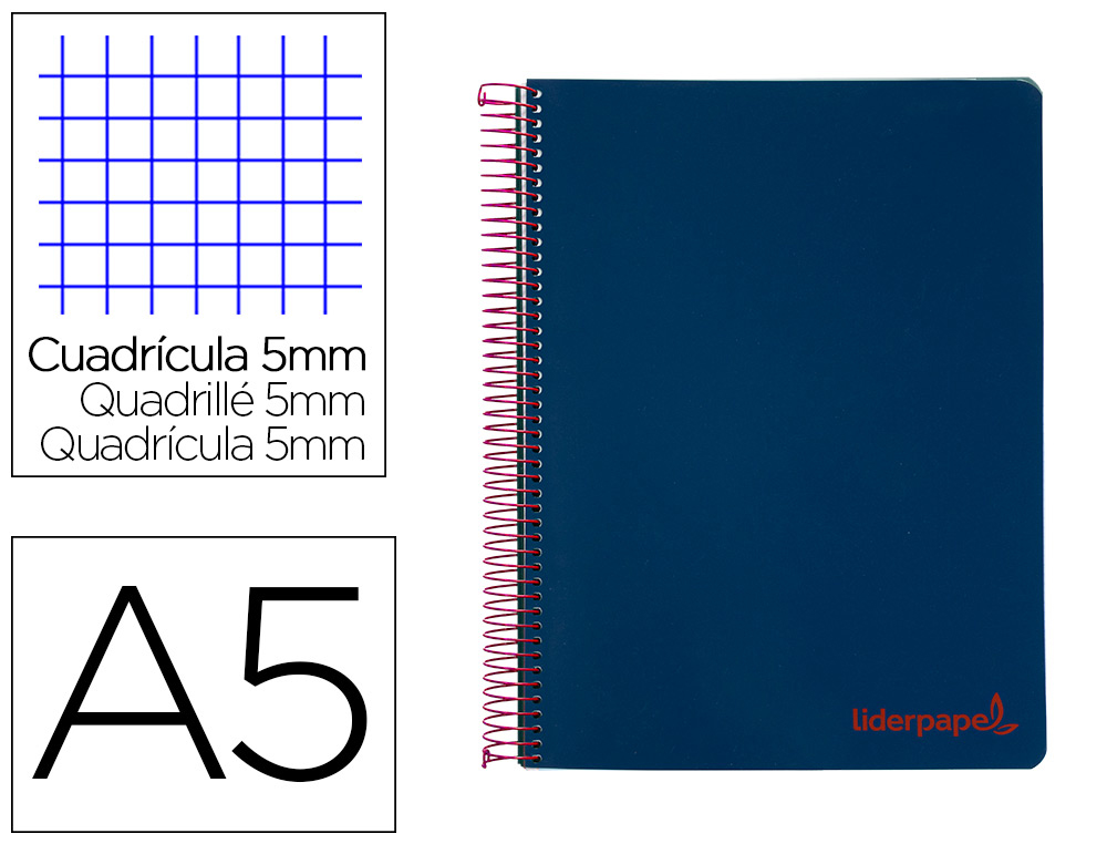 CAHIER SPIRALE LIDERPAPEL A5 MICRO WONDER 240 PAGES 90G    5X5MM 6 TROUS 5 BANDES        COULEURS BLEU MARINE