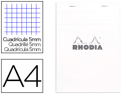 BLOC AGRAF RHODIA WHITE N.16 A4 21X29.7CM COUVERTURE CARTE ENDUITE 80F 80G 5x5MM MICROPERFOR BLANC