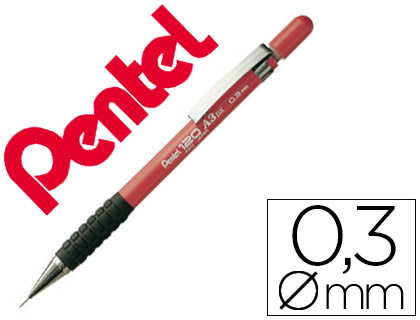 PORTE-MINE PENTEL A310 0.3MM CORPS PLASTIQUE CANON 4MM EMBASE CAOUTCHOUC ERGONOMIQUE 2 MINES HI-GRAPH COLORIS ROUGE