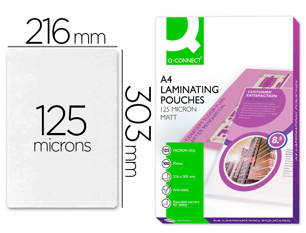 POCHETTE PLASTIFICATION Q-CONNECT AUTOADHSIVE 2 FACES FORMAT A4 125 MICRONS ANTISTATIQUE BOTE 100 UNITS
