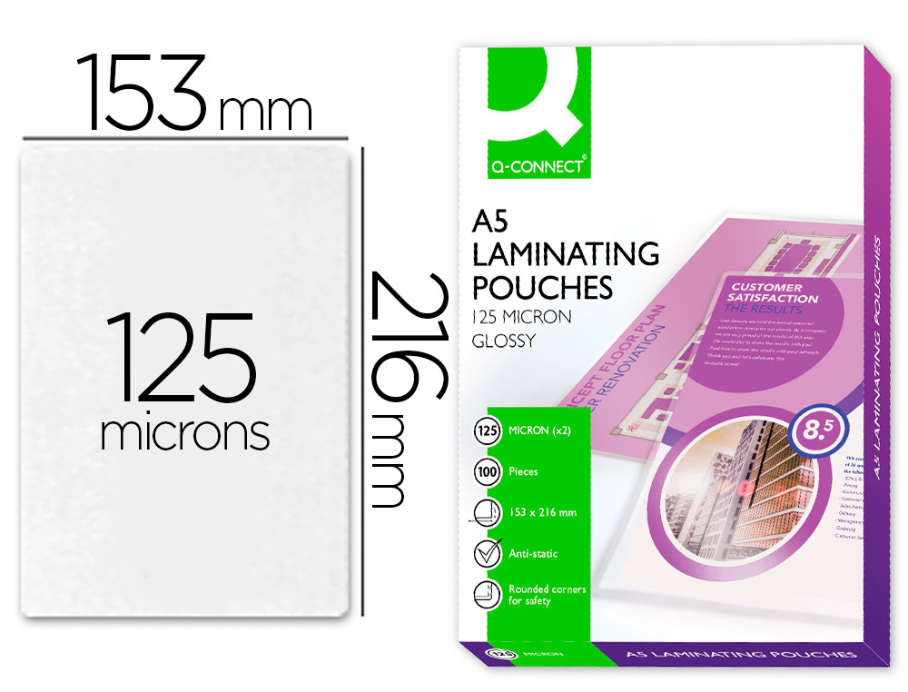 POCHETTE PLASTIFICATION Q-CONNECT AUTOADHSIVE 2 FACES FORMAT A5 125 MICRONS ANTISTATIQUE BOTE 100 UNITS