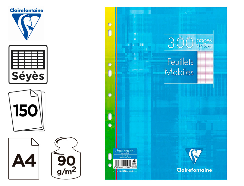 FEUILLET MOBILE CLAIREFONTAINE A4 21X29,7CM PAPIER VELIN VELOUTE 150 PAGES 90G SEYES PERFOREES SOUS FILM COLORIS BLANC