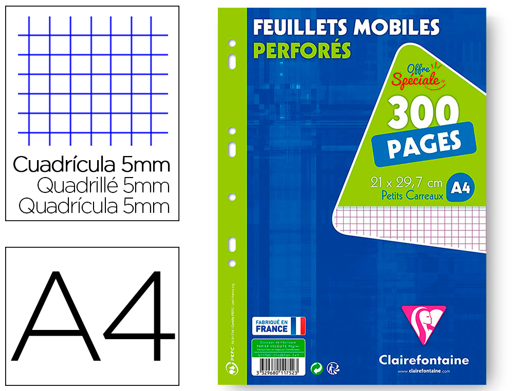 FEUILLET MOBILE CLAIREFONTAINE A4 21X29,7CM PAPIER VELIN VELOUTE 150 PAGES 90G 5X5MM PERFOREES SOUS FILM COLORIS BLANC