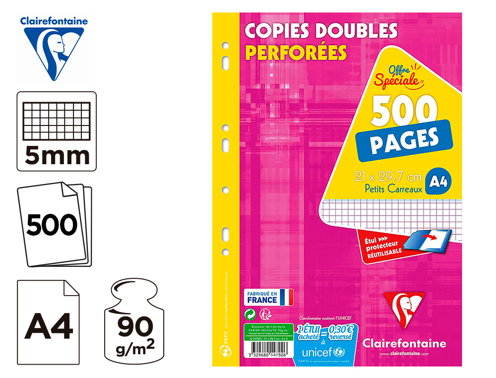 COPIE DOUBLE CLAIREFONTAINE A4 21X29,7CM PAPIER VELIN VELOUTE BLANC 500 PAGES 90G 5X5MM PERFOREES SOUS ETUI CARTONNE
