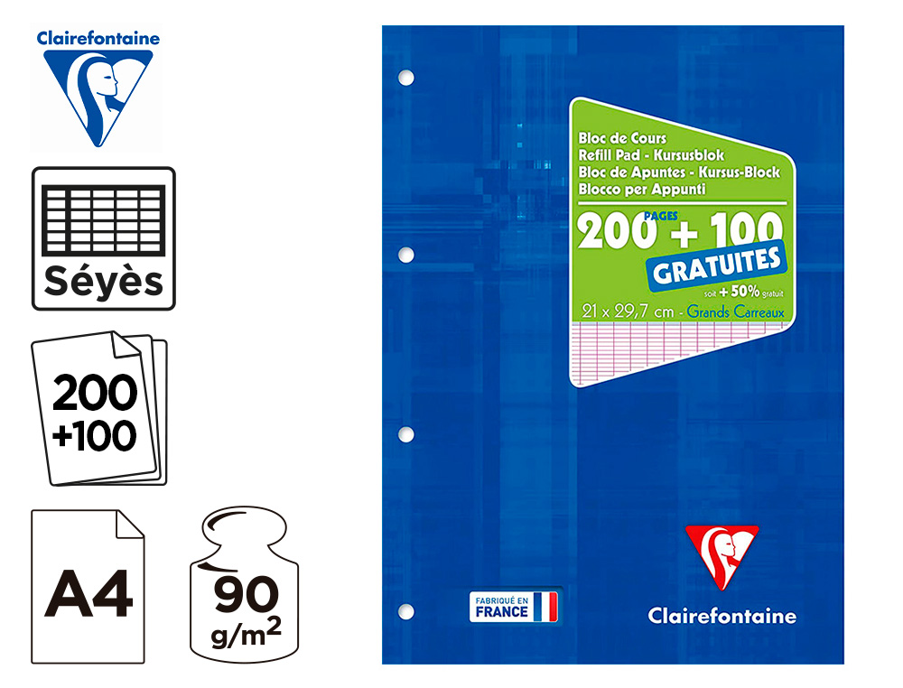 BLOC COURS CLAIREFONTAINE A4 21X29,7CM 200 PAGES ENCOLLEES DETACHABLES + 100 GRATUITES PAPIER VELOUTE 90G SEYES 4 TROUS