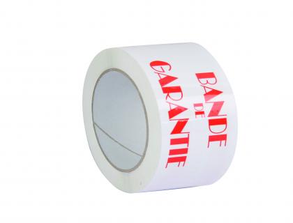 RUBAN ADHESIF IMPRIME BANDE DE GARANTIE POLYPROPYLENE 28  MICRONS SILENCIEUX ECONOMIQUE 48MMX100M COLORIS BLANC/ROUGE