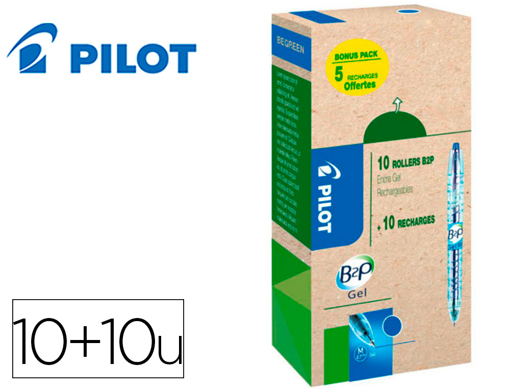 PACK PILOT BEGREEN B2P 10 ROLLERS ENCRE GEL POINTE MOYENNE + 10 RECHARGES DONT 5 OFFERTES BLEU