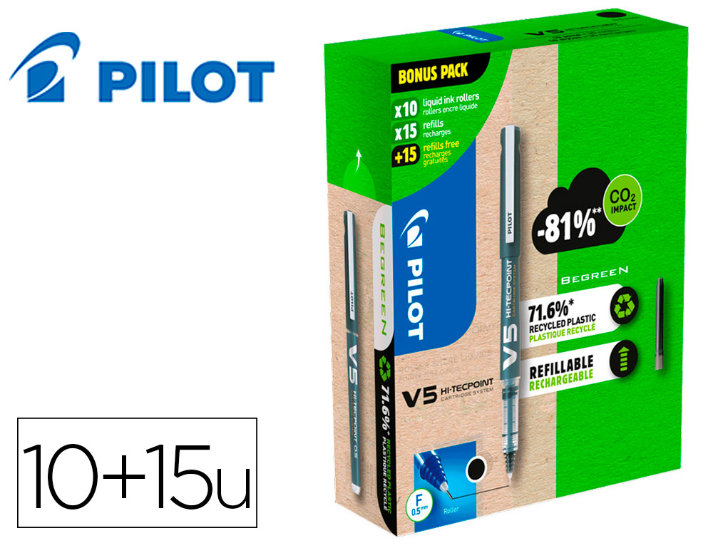 PACK PILOT V5 10 ROLLERS ENCRE LIQUIDE RECHARGEABLES   POINTE MOYENNE 10 SETS DE 3   RECHARGES 5 OFFERTES COLORIS