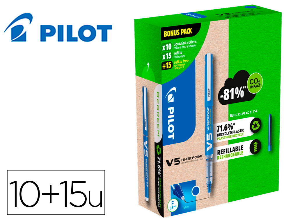 PACK PILOT V5 10 ROLLERS ENCRE LIQUIDE RECHARGEABLES   POINTE MOYENNE 10 SETS DE 3   RECHARGES 5 OFFERTES COLORIS