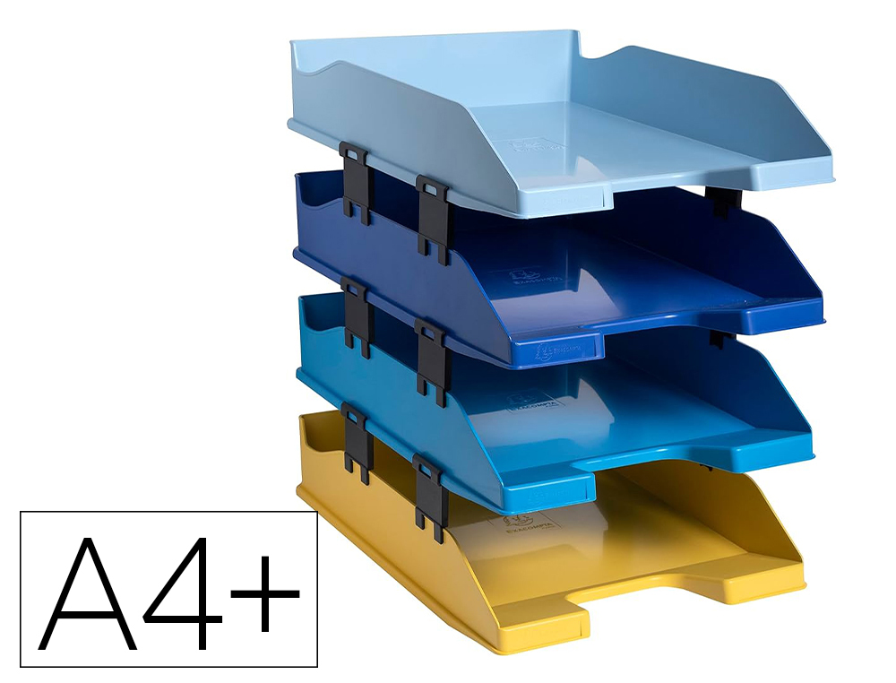 CORBEILLE A COURRIER EXACOMPTA BEE BLUE PLASTIQUE RECYCLE A4+ COLORIS ASSORTIS SET 4 UNITES + ELEMENTS SUPERPOSITION