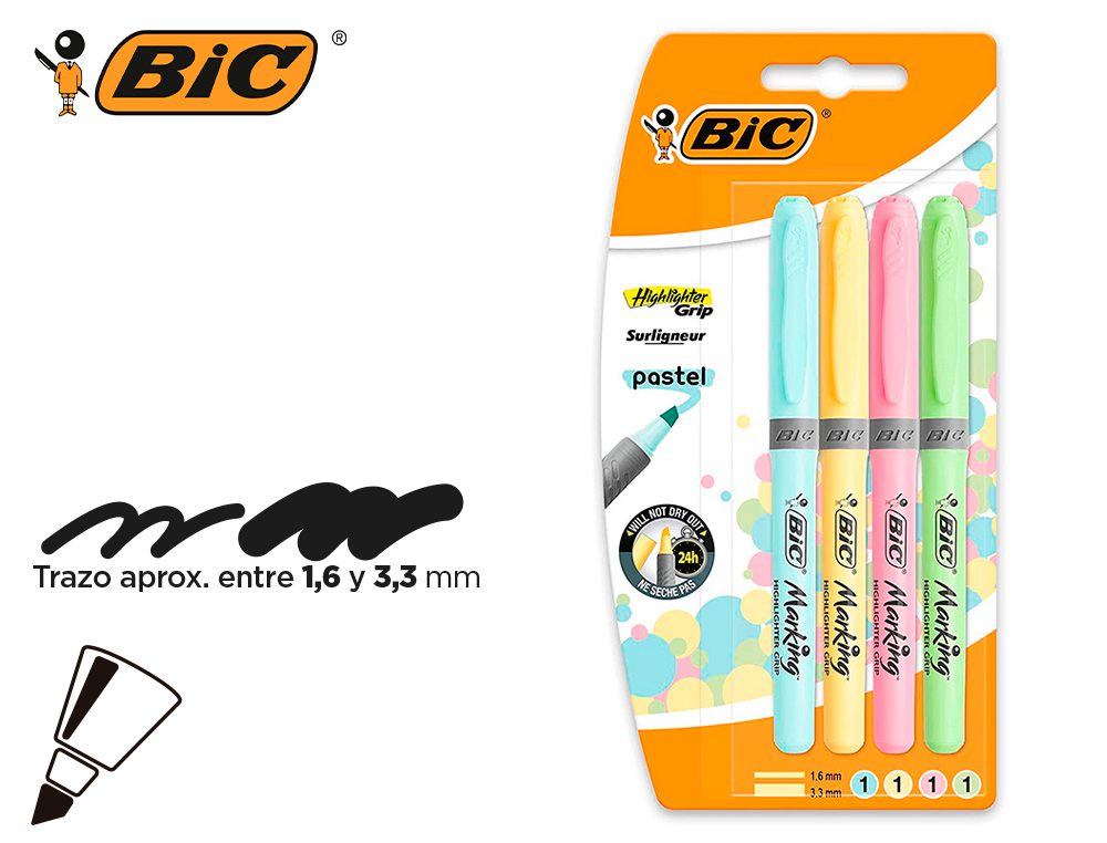 SURLIGNEUR BIC HIGHLIGHTER GRIP CAOUTCHOUC POINTE        BISEAUTEE POCHETTE 5 UNITES   PASTEL JAUNE BLEU VERT ROSE