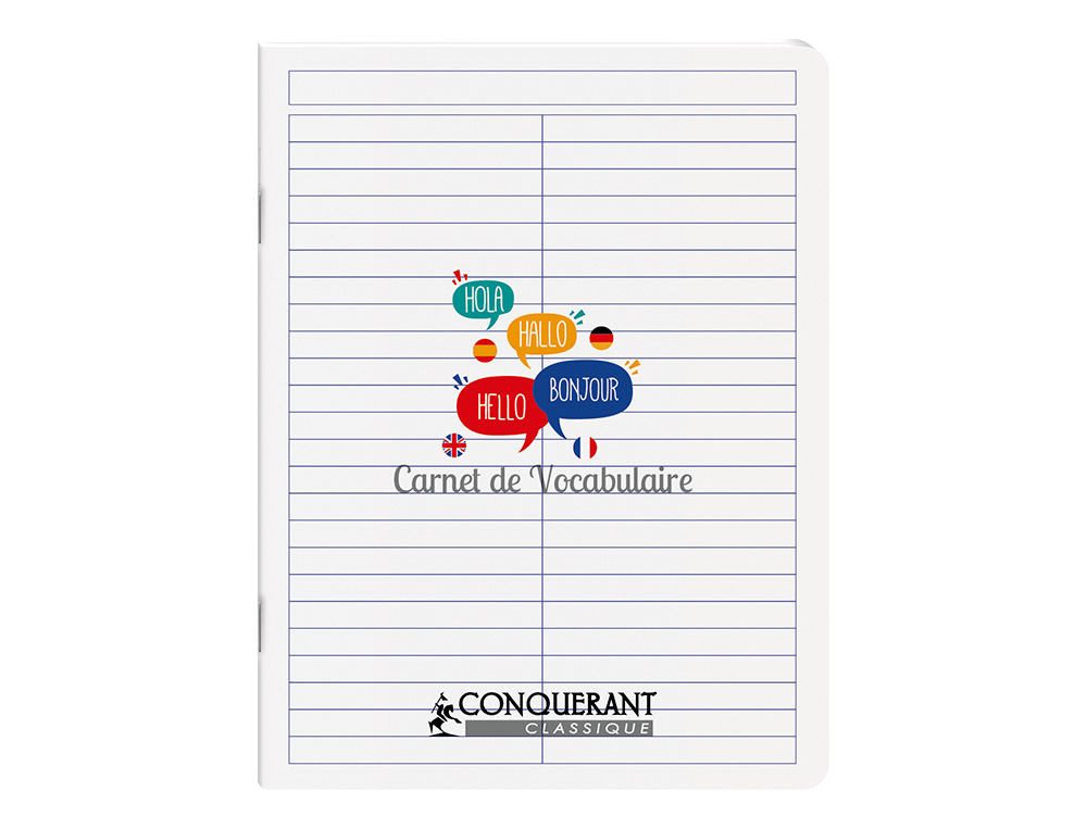 CAHIER DE VOCABULAIRE CONQUERANT AGRAFE COUVERTURE  POLYPROPYLENE 17X22CM 96      PAGES REGLURE SPECIFIQUE
