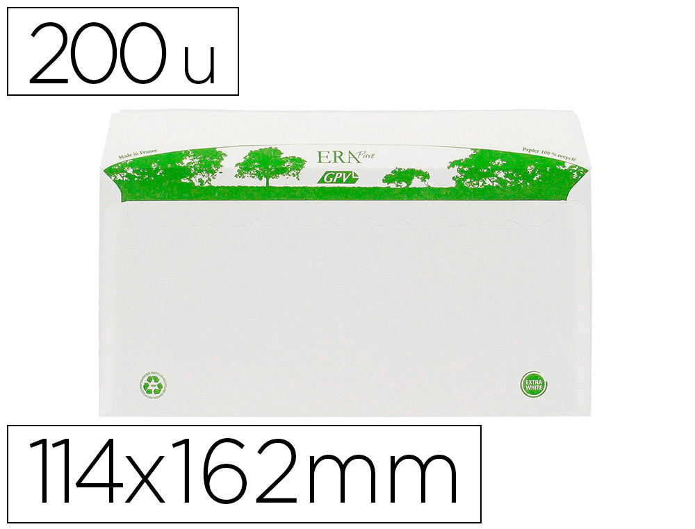 ENVELOPPE GPV C6 BANDE DE PROTECTION 80G RECYCLES       114X162 BLANCHE BOITE DE 200
