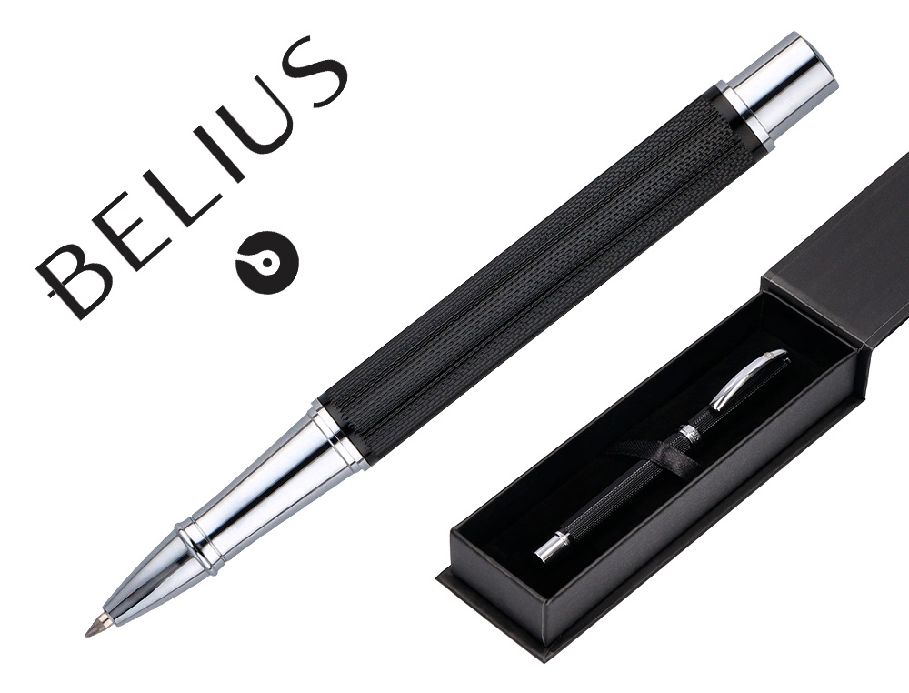 ROLLER BELIUS TURBO ALUMINIUM TEXTURE POINTILLEE ATTRIBUTS  ARGENT ENCRE BLEUE COLORIS    NOIR DANS COFFRET CADEAU