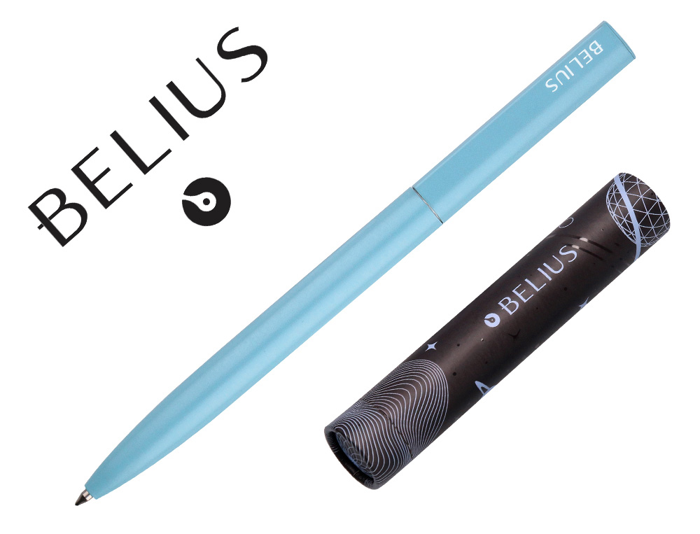 STYLO-BILLE BELIUS ROCKET B MONOCHROME SANS AGRAFE ENCRE BLEUE COLORIS BLEU DANS COFFRET CADEAU ORIGINAL CYLINDRIQUE