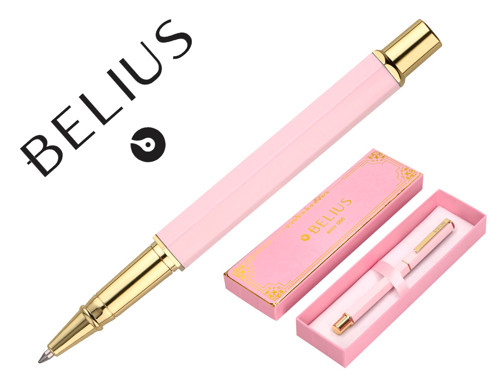 STYLO-BILLE BELIUS MACARON BLISS HEXAGONAL ALUMINIUM DETAILS ET ATTRIBUTS OR ENCRE BLEUE COLORIS ROSE COFFRET CADEAU