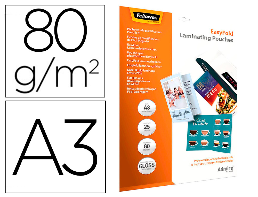 POCHETTES PLASTIFICATION FELLOWES ADMIRE POLYESTER     TRANSPARENT RESISTANT EAU     FORMAT A3 80 MICRONS BT DE 25