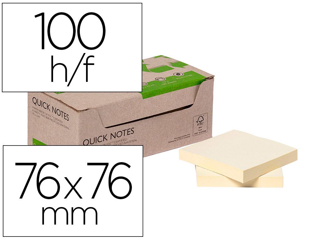 BLOC NOTES Q-CONNECT QUICK NOTES 38X51MM 100F ADHESIVES REPOSITIONABLES COLORIS JAUNE PACK 12 UNITES