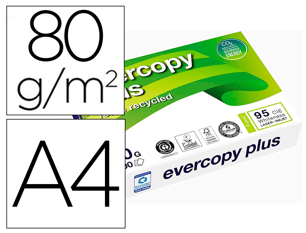 PAPIER CLAIREFONTAINE BLANC 100% RECYCLE MULTIFONCTION    EVERCOPY A4 80G/M2 BLANCHEUR  95 CIE