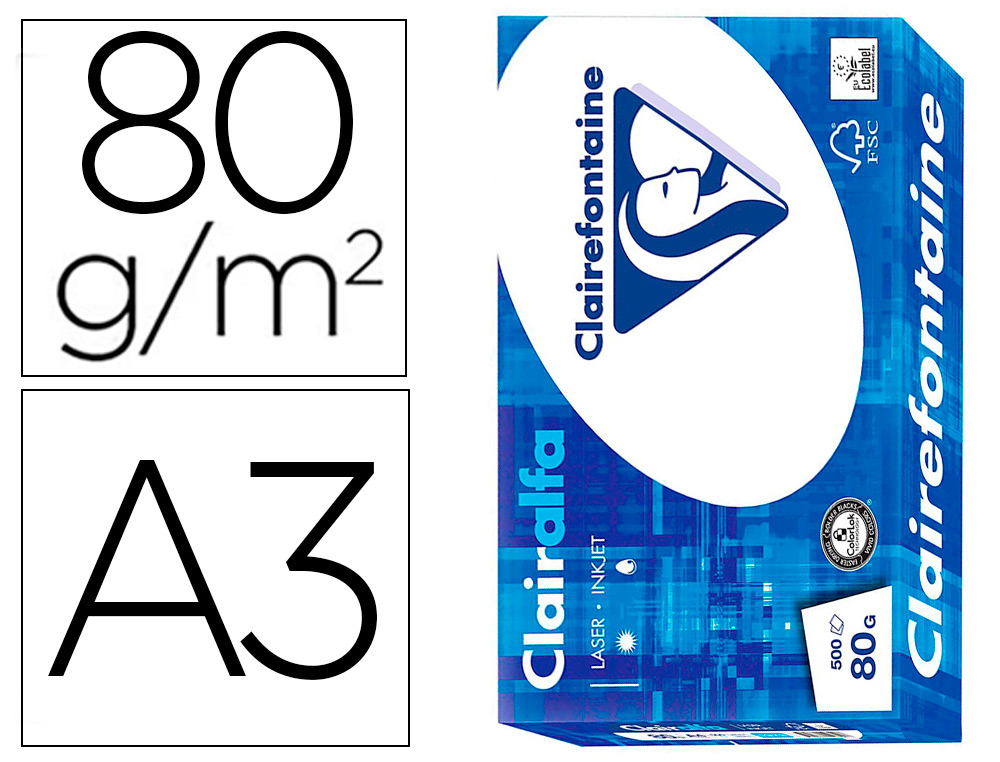 PAPIER CLAIREFONTAINE MULTIFONCTION LASER COULEUR   DC HAUTE QUALITE A3  80G/M2   BLANC PARFAITE OPACITE PAQUET