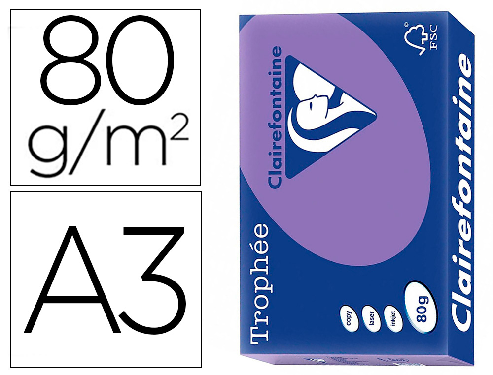 PAPIER CLAIREFONTAINE MULTIFONCTION LASER COULEUR   TROPHE A3 80G/M2 VIOLINE      PARFAITE OPACITE PAQUET 500
