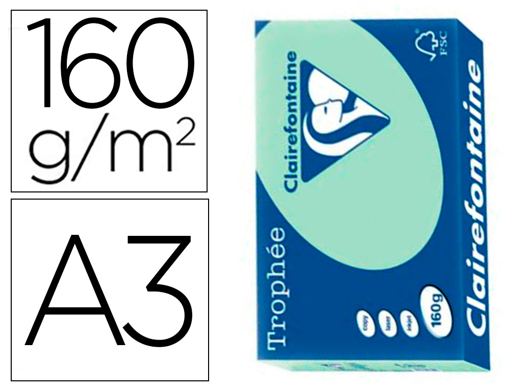 PAPIER CLAIREFONTAINE MULTIFONCTION LASER COULEUR   TROPHE A3 160G VERT PARFAITE  OPACITE PAQUET 250 FEUILLES