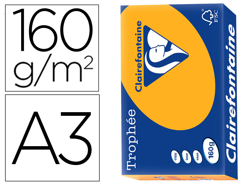 PAPIER CLAIREFONTAINE MULTIFONCTION LASER COULEUR   TROPHE A3 160G/M2 CLEMENTINE  PARFAITE OPACITE PAQUET 250