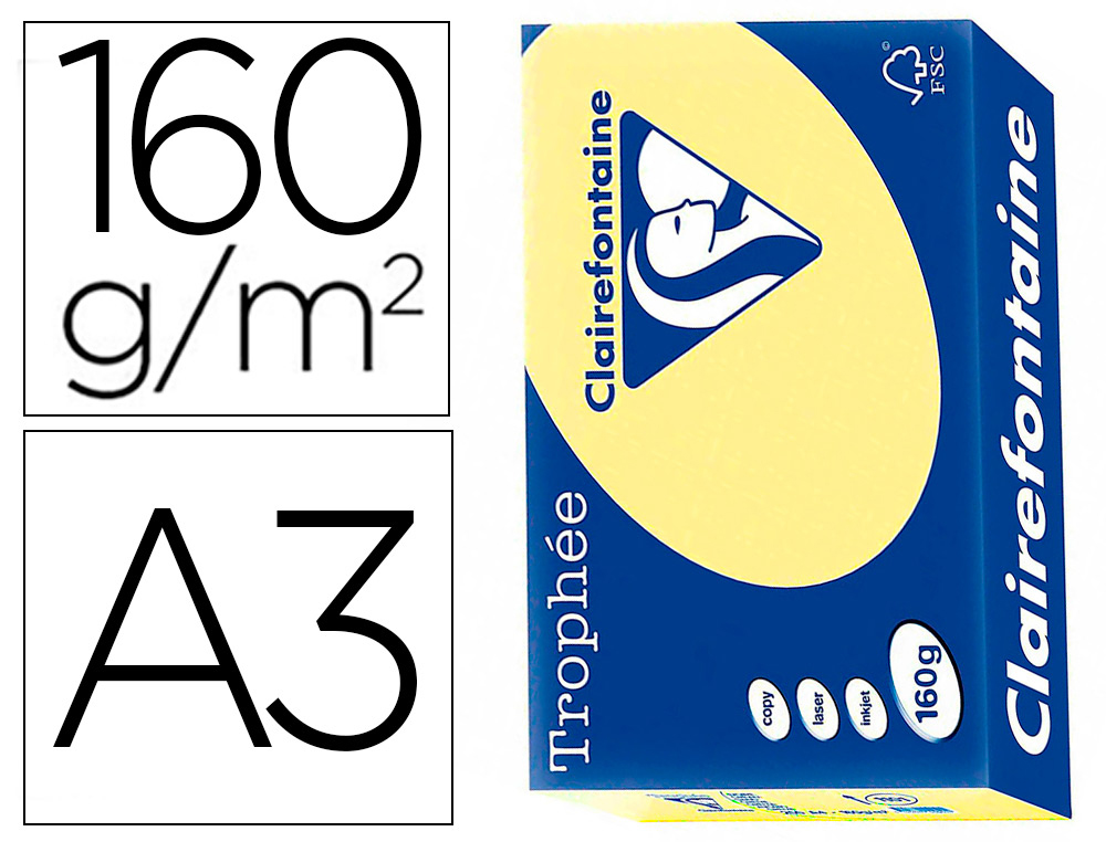 PAPIER CLAIREFONTAINE MULTIFONCTION LASER COULEUR   TROPHE A3 160G/M2 JONQUILLE   PARFAITE OPACITE PAQUET 250