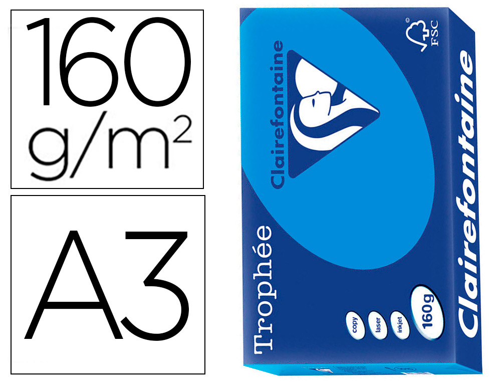 PAPIER CLAIREFONTAINE MULTIFONCTION LASER COULEUR   TROPHE A3 160G/M2  TURQUOISE  PARFAITE OPACITE PAQUET 250