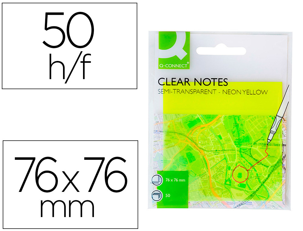 BLOC NOTES Q-CONNECT 76X76MM 50F SEMI-TRANSPARENTES        ADHESIVES REPOSITIONABLES     COLORIS JAUNE FLUO
