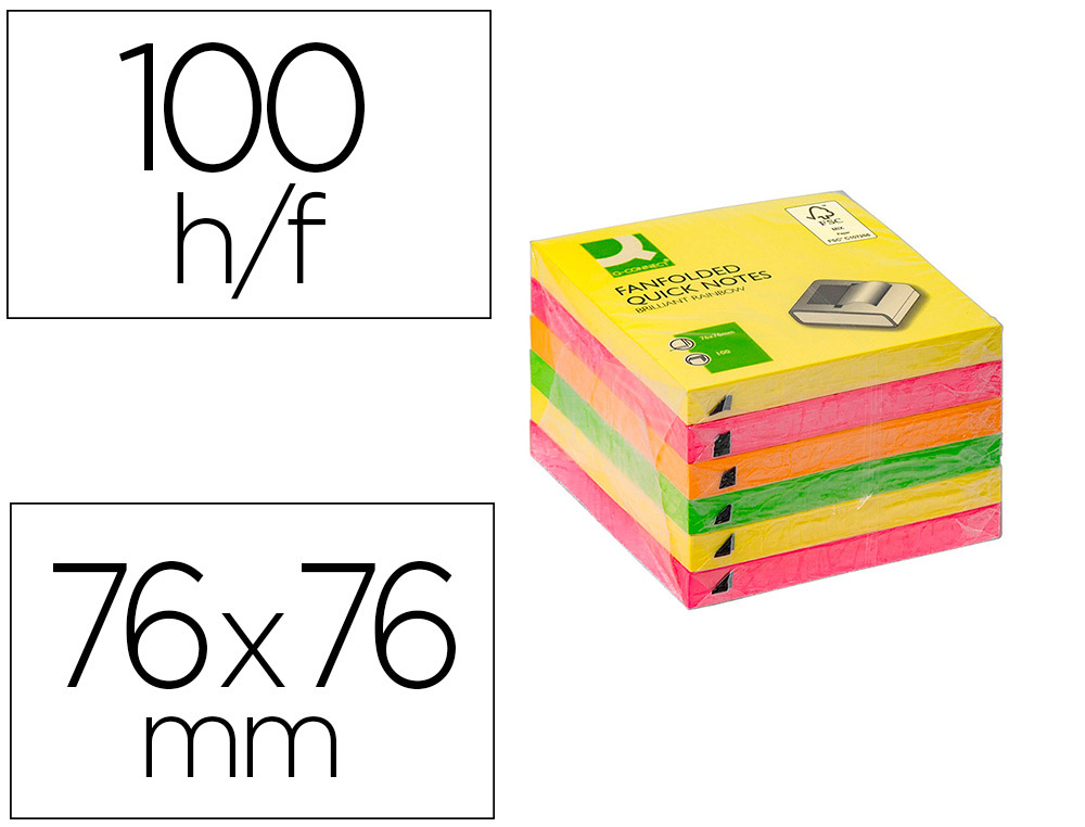 BLOC NOTES Q-CONNECT 76X76MM 100F ADHESIVES REPOSITIONABLES ZIG-ZAG COLORIS NEON LOT DE 6
