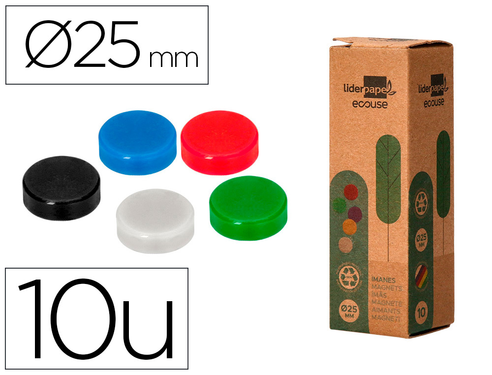 AIMANT LIDERPAPEL ECOUSE PP 25MM POUR TABLEAUX            MAGNETIQUES COLORIS ASSORTIS  BOITE 10 UNITES