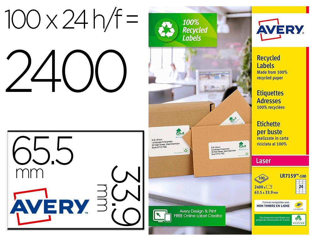 ETIQUETTE AUTOCOLLANTE AVERY ADRESSE RECYCLEE LASER BLANC  63,5 X 33,9 MM BOITE DE 2400