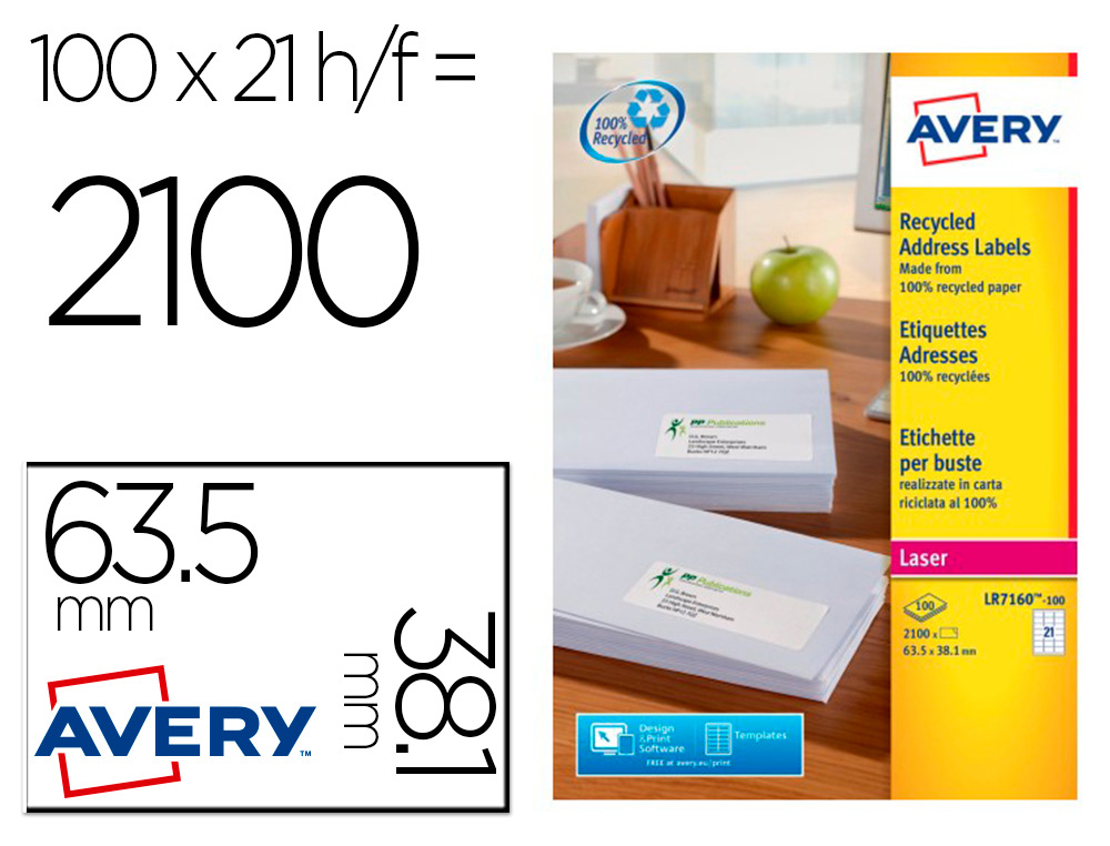ETIQUETTE AUTOCOLLANTE AVERY ADRESSE RECYCLEE LASER BLANC  63,5 X 38,1 MM BOITE DE 2100