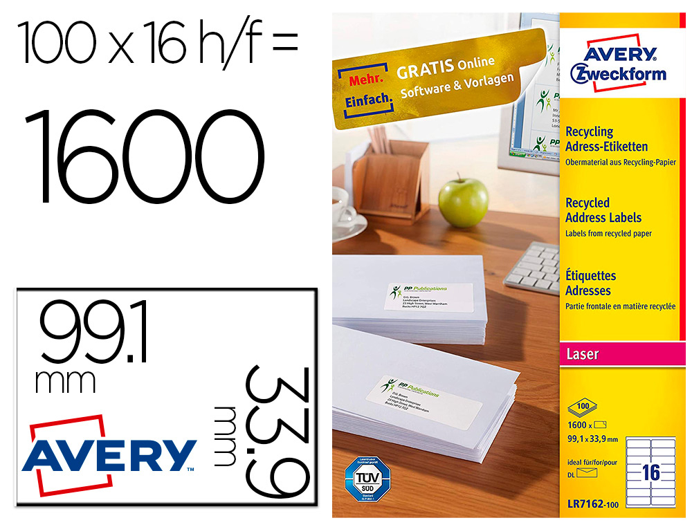 ETIQUETTE AUTOCOLLANTE AVERY ADRESSE RECYCLEE LASER BLANC  99,1 X 33,9 MM BOITE DE 1600