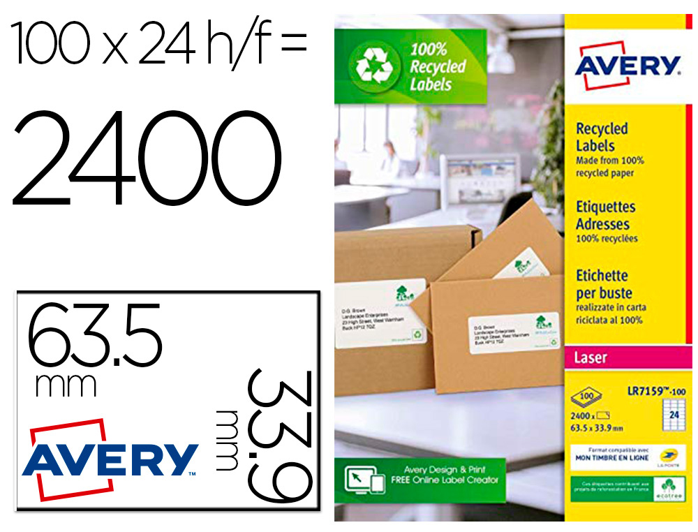 ETIQUETTE AUTOCOLLANTE AVERY ADRESSE RECYCLEE LASER BLANC  99,1 X 38,1 MM BOITE DE 1400