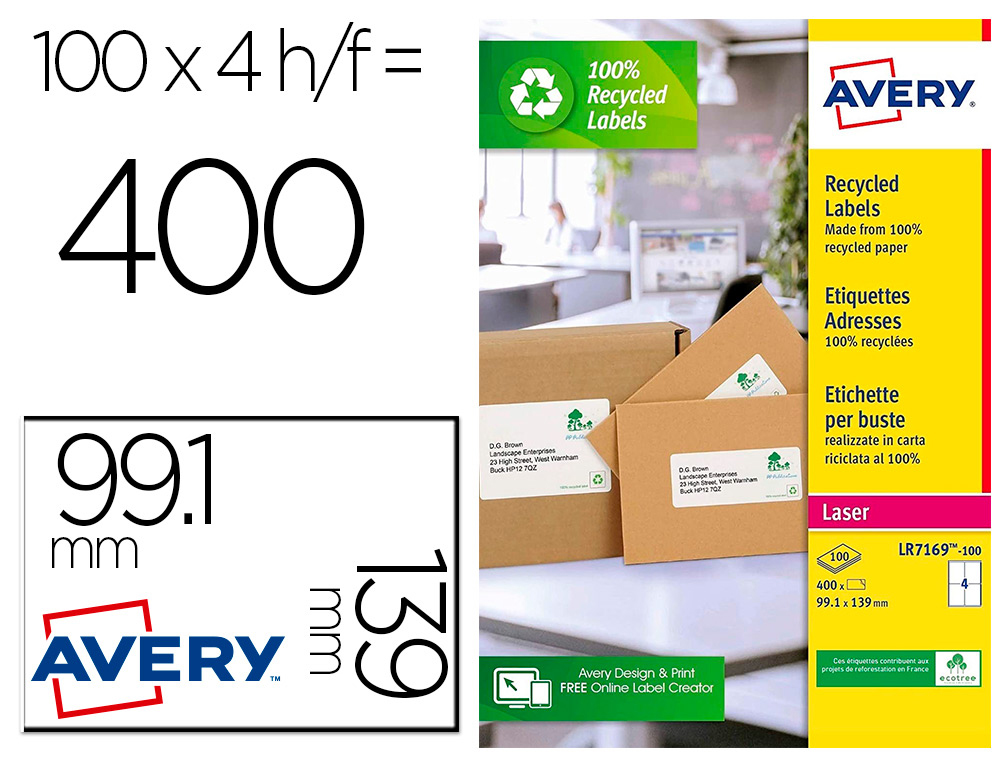 ETIQUETTE AUTOCOLLANTE AVERY ADRESSE RECYCLEE LASER BLANC  99,1 X 139 MM BOITE DE 400