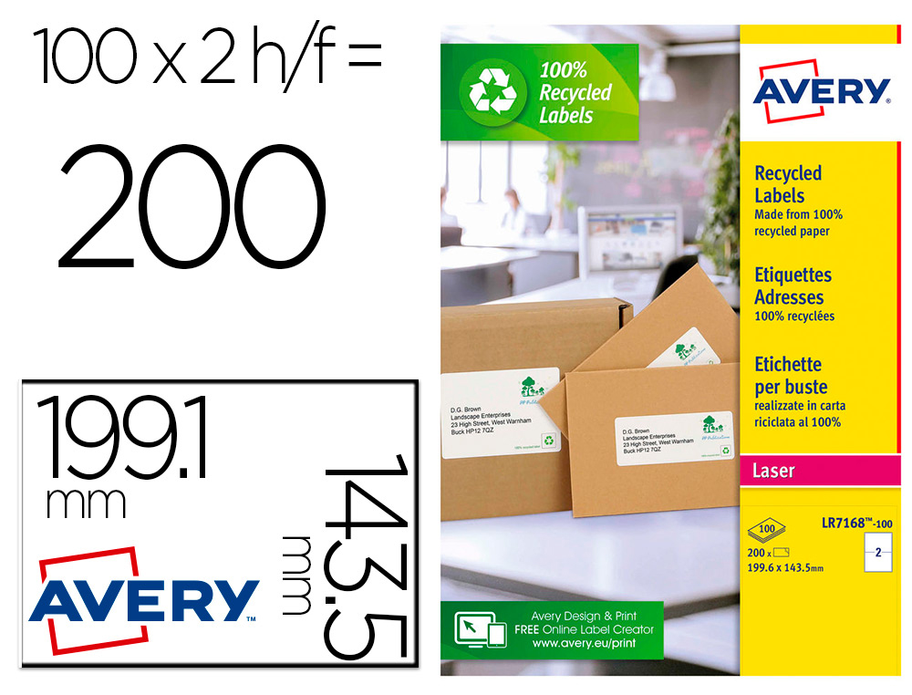 ETIQUETTE AUTOCOLLANTE AVERY ADRESSE RECYCLEE LASER        BLANC199,6 X 143,5 MM BOITE   DE 200
